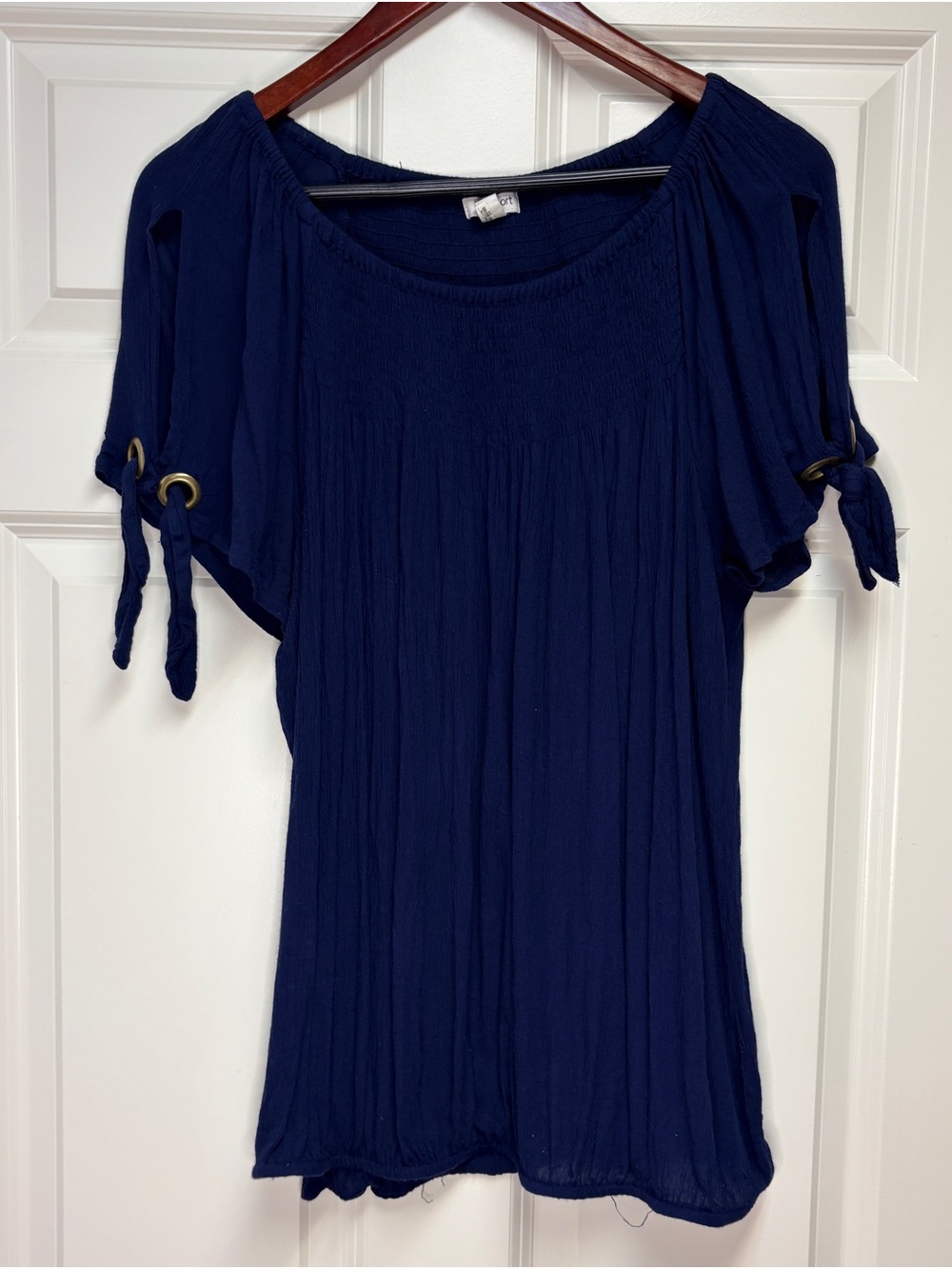 Westport Women's Navy Short-Sleeve Bubble Top with Tie Sleeves - Size 1X